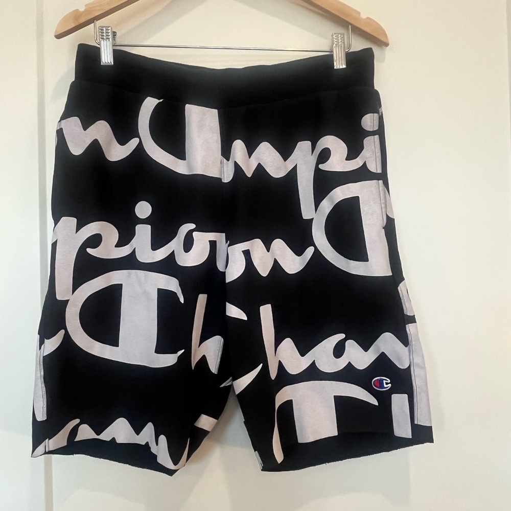 Champion Reverse Weave Mens Shorts All Over Script Print Logo Cut Off Gym Sz M